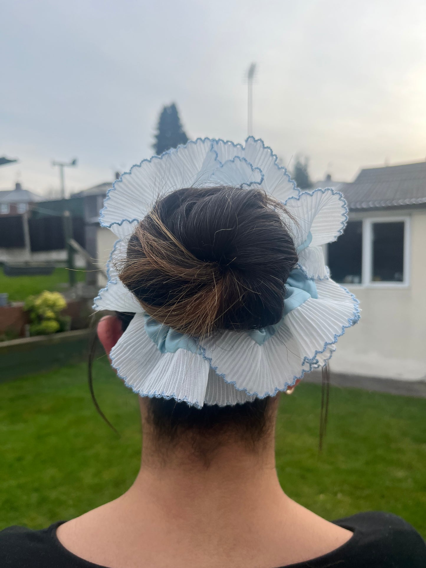 Blue Silk and White Oversized Scrunchie