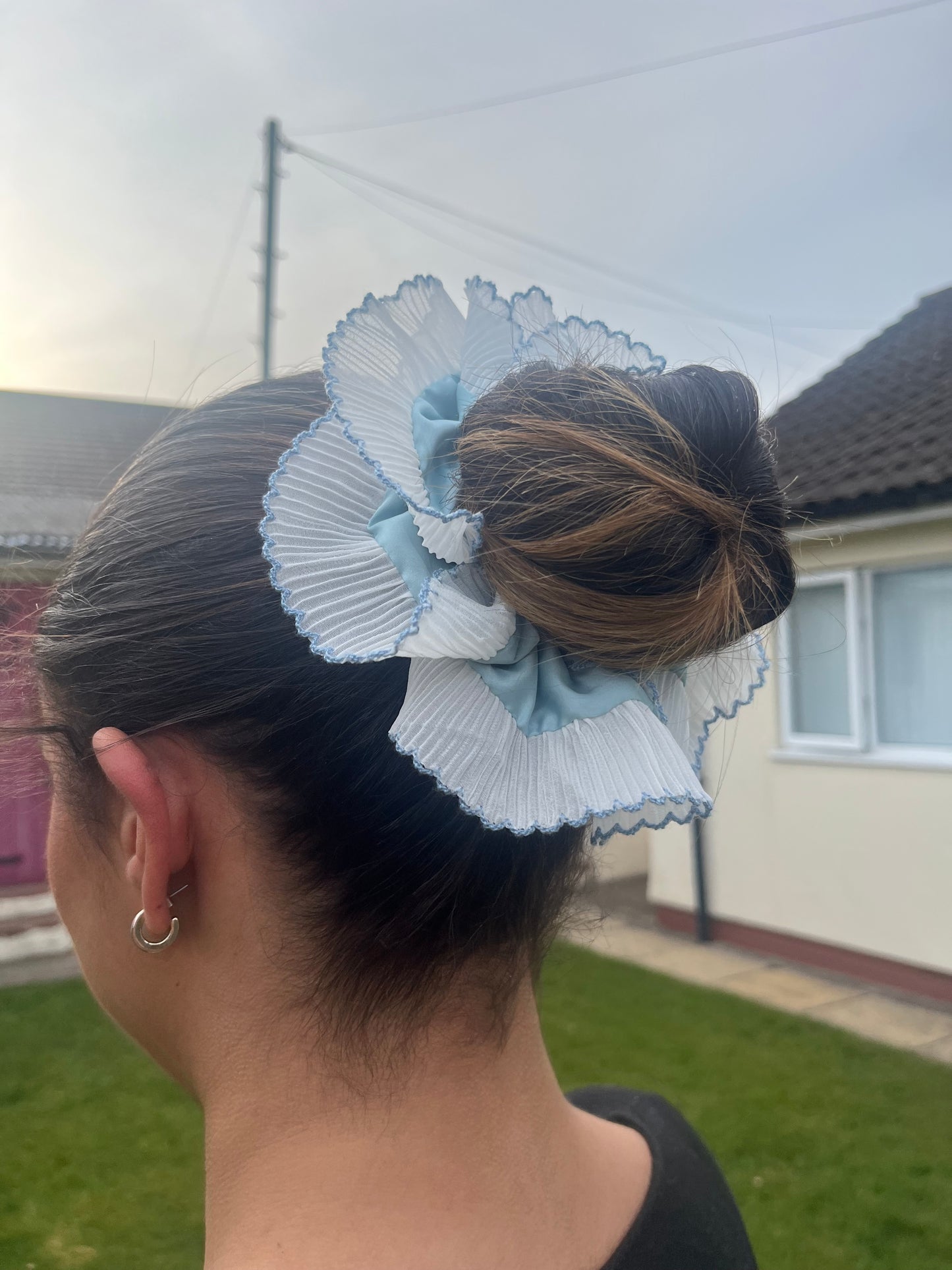 Blue Silk and White Oversized Scrunchie